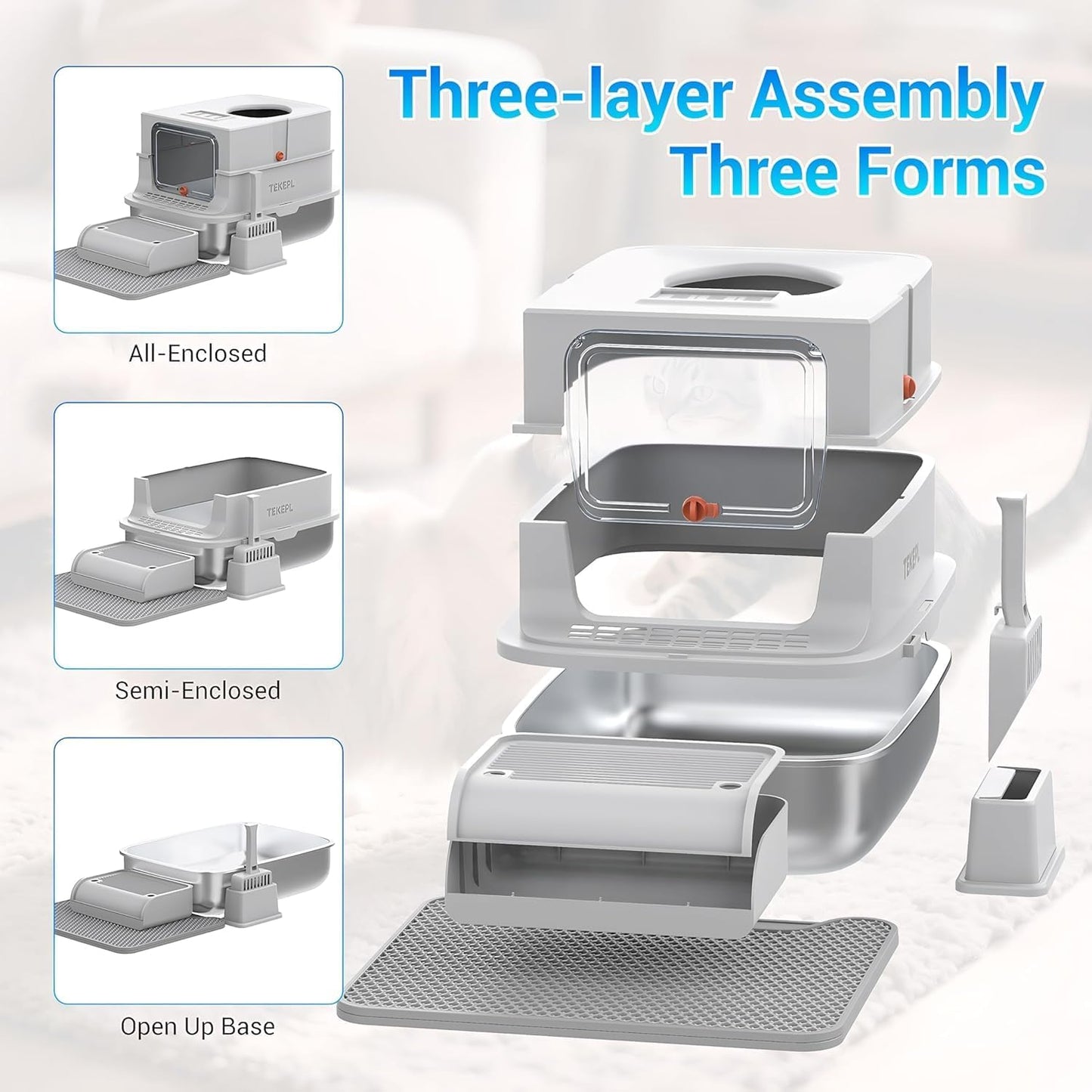 Stainless Steel Cat Litter Box, Enclosed Top Entry with 180° Flip Lid, XL Large Anti-Leak Litter Pan for Big Cats, Odor-Proof & Easy Clean, Includes Scoop (Grey)