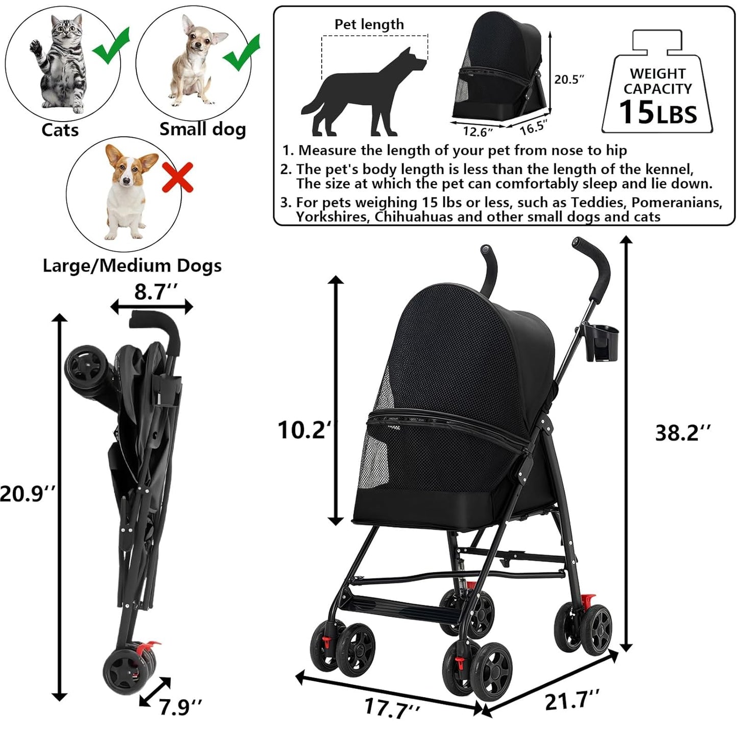 Pet Stroller with Mesh Ventilation, Lightweight Foldable Design, Cup Holder, Black