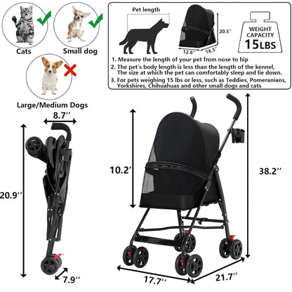 Pet Stroller with Mesh Ventilation, Lightweight Foldable Design, Cup Holder, Black