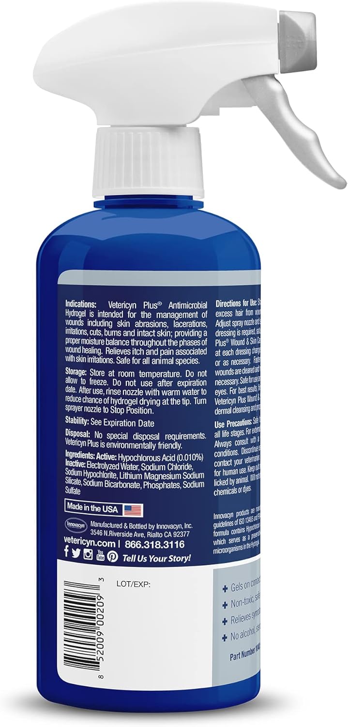 Vetericyn Plus All Animal Wound Care Hydrogel Spray | Healing Aid and Wound Protectant, Sprayable Gel to Relieve Dog, Cat, Horse Itchy Skin, Safe for All Animals. 16 ounces