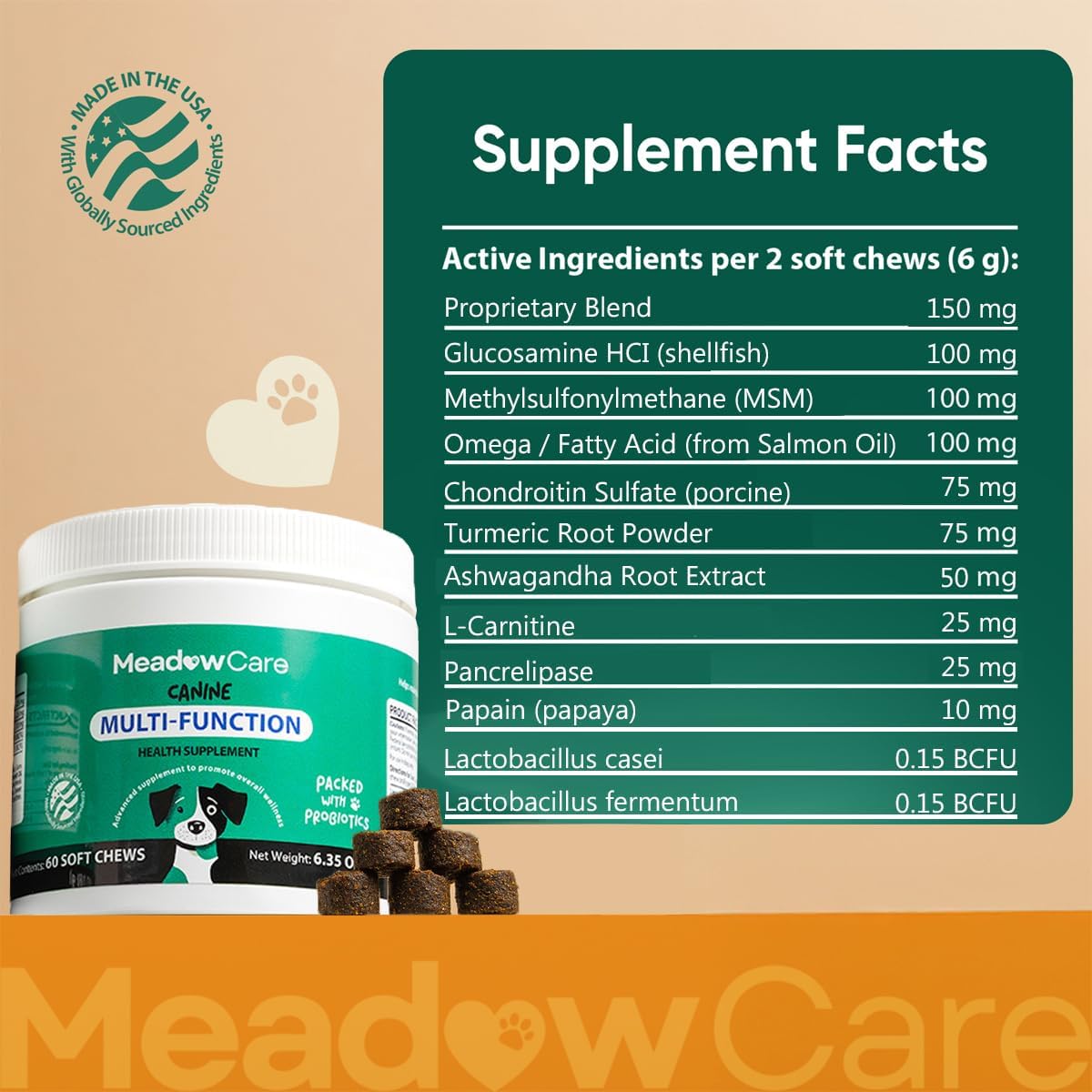 Multi-Function Supplement for Dogs | Supportive Daily Nutritional Soft Chews | Joint Mobility, Skin & Coat | Immune Support with Probiotics | 60 Count, 180 g (6.35 oz) | by Meadowcare