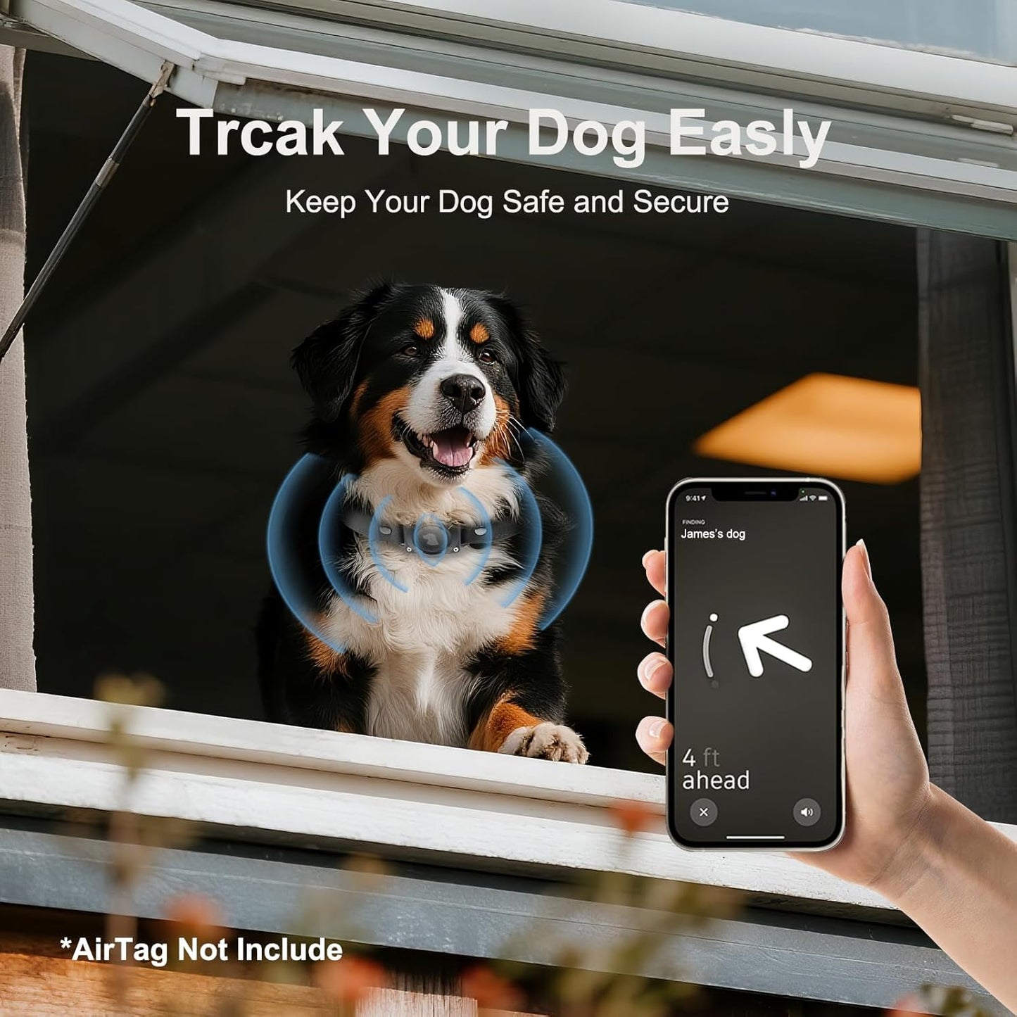 Leather AirTag Dog Collar - IPX8 Waterproof Dog Collar with AirTag Holder|Reflective, High - End, Adjustable Soft Padded |Dog GPS Collar Tracker Fit for Medium Large Dogs (Black, XL)