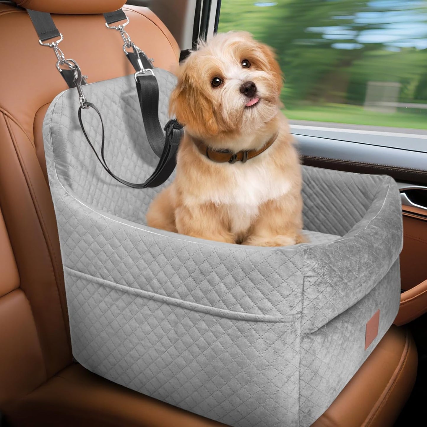 Dog Car Seat for Small/Medium Dogs Under 35lbs, Memory Foam Dog Booster Seats with Washable Removable Cover, Portable Travel-Safe Bed with 2 Safety Belts and Storage Pockets (Grey, Medium)