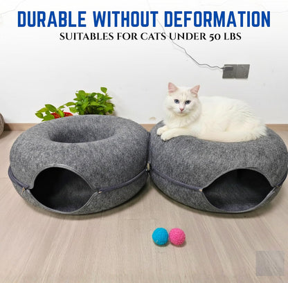 Trivon Peekaboo Cat Cave & Tunnel Bed for Large Cats up to 45lbs, Cozy Indoor 8-Shaped Donut Hideaway Bed with 12 Toy Balls, Bonus Bird Toy and Toy Gun, Scratch-Resistant, Detachable & Washable Design