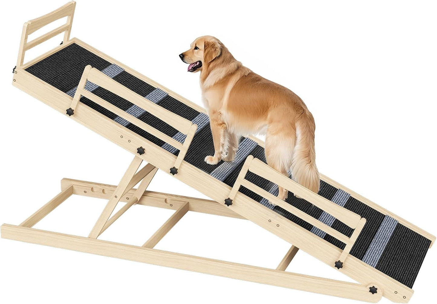 HOOBRO Dog Ramp for Bed, 63" Long Folding Pet Ramp with Non-Slip Mat and Safety Side Rails, 5 Height Adjustable up to 29.5", Wooden Dog Ramp for Couch, for Small/Large Dogs, Natural and Black NB46PT03