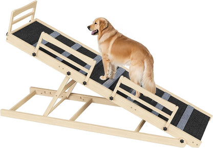 HOOBRO Dog Ramp for Bed, 63" Long Folding Pet Ramp with Non-Slip Mat and Safety Side Rails, 5 Height Adjustable up to 29.5", Wooden Dog Ramp for Couch, for Small/Large Dogs, Natural and Black NB46PT03