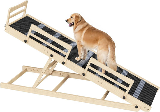 HOOBRO Dog Ramp for Bed, 63" Long Folding Pet Ramp with Non-Slip Mat and Safety Side Rails, 5 Height Adjustable up to 29.5", Wooden Dog Ramp for Couch, for Small/Large Dogs, Natural and Black NB46PT03