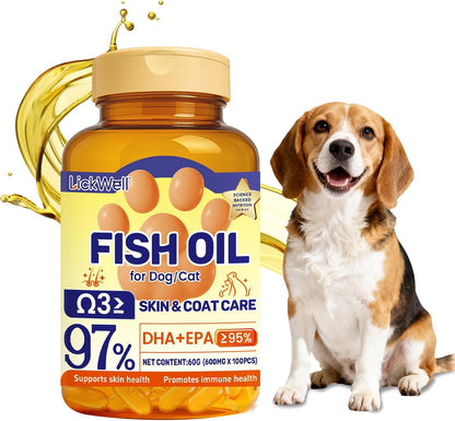 Fish Oil for Dogs & Cats, Omega 3 Fish Oil for Pets | Rich in 97% Omega 3 & 95% EPA+DHA | Made with Peruvian Anchovies, Promotes Healthy Skin, Shiny Coat & Strong Joints, 100 Capsules