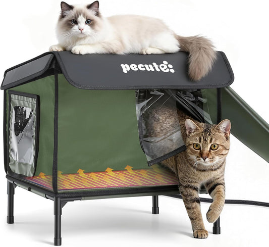 Pecute Heated Outdoor Cat House with Heating Pad - Weatherproof Insulated Winter Shelter for Outside Feral Cats, Cathouse with 2 Exits, Reinforced Metal Frame, Expanded Canopy for Porch Garage Barn