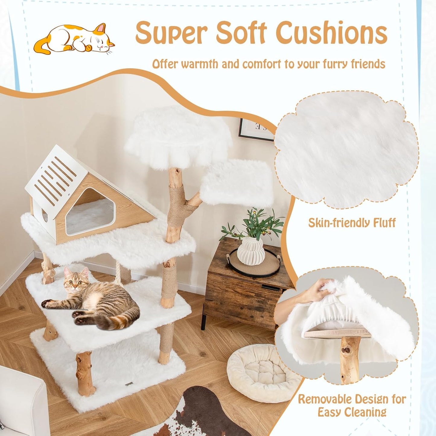 PETSITE 60 inch Solid Wood Cat Tree Tower, Multi-Level Wooden Cat Tower with Jute Scratching Posts, Cat Condo, Sisal Rope, Soft Long Plush, Modern Tall Cat Tree for Indoor Cats Large Adult