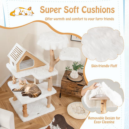 PETSITE 60 inch Solid Wood Cat Tree Tower, Multi-Level Wooden Cat Tower with Jute Scratching Posts, Cat Condo, Sisal Rope, Soft Long Plush, Modern Tall Cat Tree for Indoor Cats Large Adult