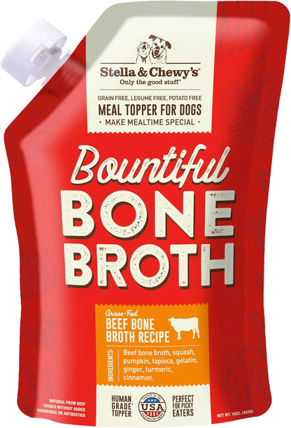 Stella & Chewy's Human-Grade Grass-Fed Beef Bone Broth for Dogs - Joint & Gut Health Liquid Food Topper with Collagen & Turmeric, 16 Fl Oz Resealable Pouch