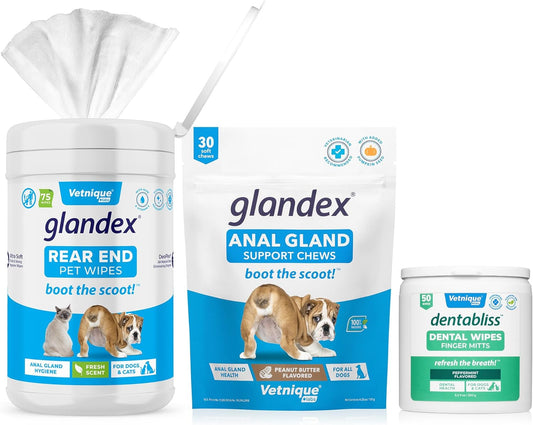 Vetnique Labs Dentabliss Dog Dental Wipes Finger Mitts 50 Count Plus Glandex for Dogs Anal Gland Support Chews 30 Count & Glandex Anal Gland Hygienic Pet Wipes 75 Count Daily Health & Hygiene Bundle