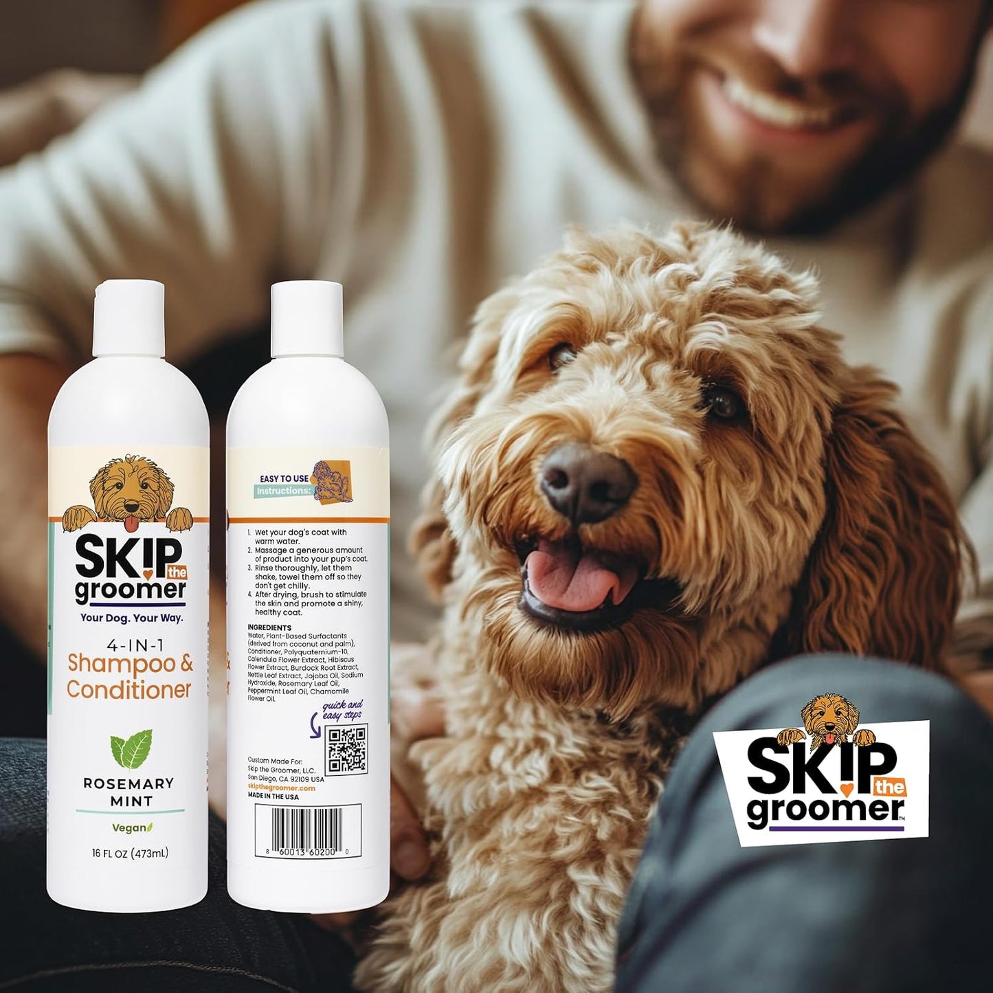 4-in-1 Dog Shampoo & Conditioner, Rosemary Mint, Cleans, Conditions, Detangles & Deodorizes, Natural, Vegan, Gentle Grooming for All Breeds & Coat Types 16 oz, Made in USA