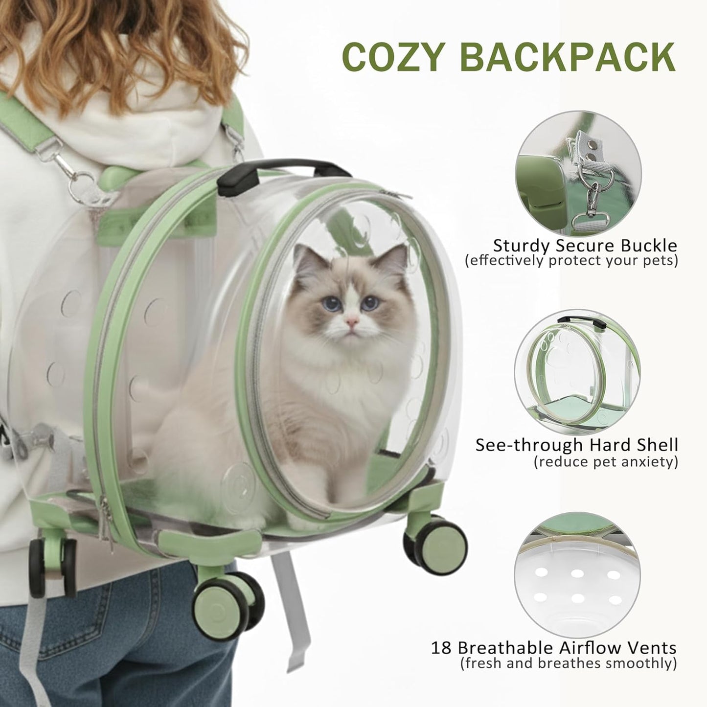 Transparent Hard Cat Carrier with Rolling Wheels, Fully Breathable & Multiple Carrying Options for Dogs, Cats & Bunny – Travel & Walk Friendly (Green)