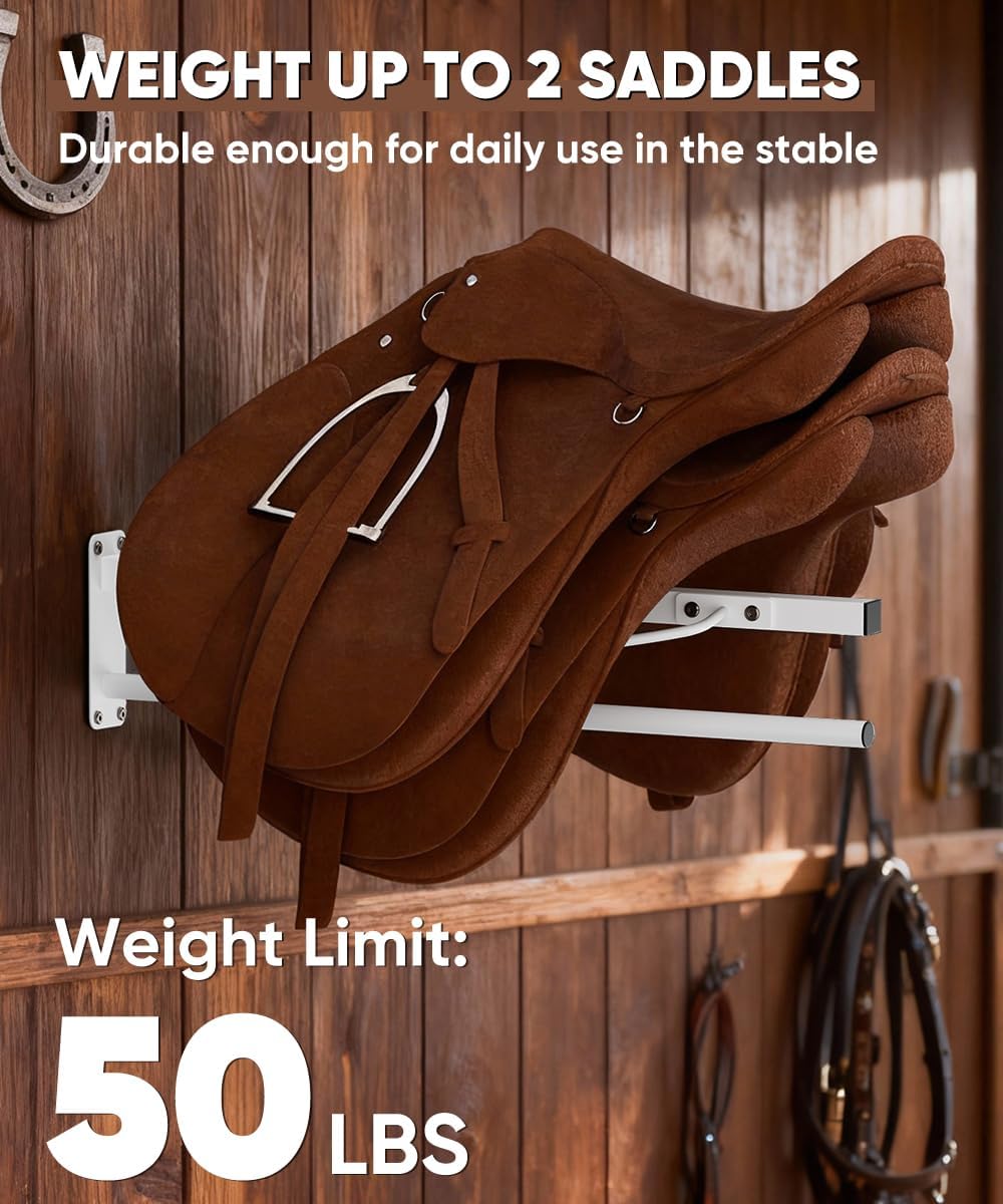 Queension Wall Mounted Saddle Rack with Pad Bar, Heavy Duty Horse Saddle Stand with for English & Western Saddles, Saddle Pad Rack for Horses Blanket, Tack Storage, White