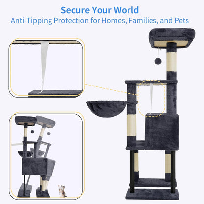 Heybly Cat Tree, 49.2 Inches Cat Tower for Indoor Cats, Spacious Cat House Condo with Hidden Space，Sturdy Steel Tube，Soft Plush Top Perch，Cozy Hammock and Sisal Scratching Posts, Smoky Gray HCT200SG