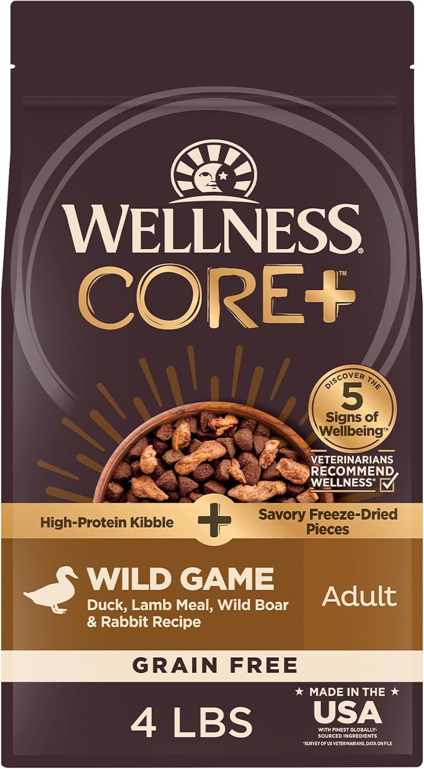 Wellness CORE+ Dry Dog Food with Freeze Dried Pieces, Grain Free, High Protein, Natural, Wild Game Duck, Lamb, Wild Boar, & Rabbit Recipe, (4-Pound Bag)