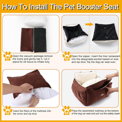 Dog Car Seat for Small Dogs Under 25Lbs, Portable Comfy Safe Puppy Car Seat Travel Bed with Storage Pockets, Fully Detachable Washable Dog Booster Carseats for Front & Back Seats, Brown