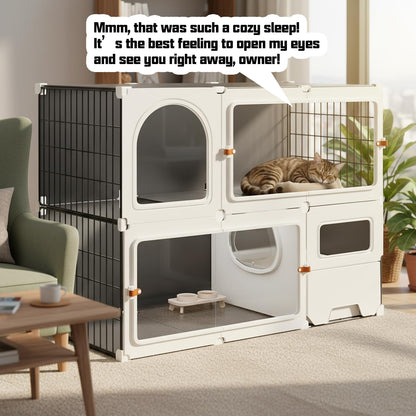 Cat Cage Cat Enclosure with Litter Box & Clear Sliding Door, Expandable Cat Playpen, Detachable Metal, Cat Cage Indoor and Outdoor, Ferret Cage