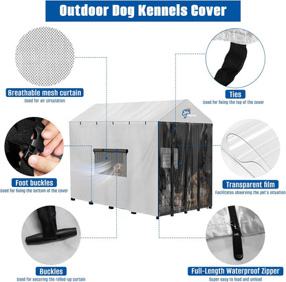 SIRUITON Outdoor Dog Kennel Cover,600D Full Coverage Waterproof Kennel Covers,With Transparent Film,Breathable Mesh Curtain & 4 Waterproof Zippers,Rain,Snowproof,Wind & Sun,8'Dx4.1'Wx6'H(Only Cover)