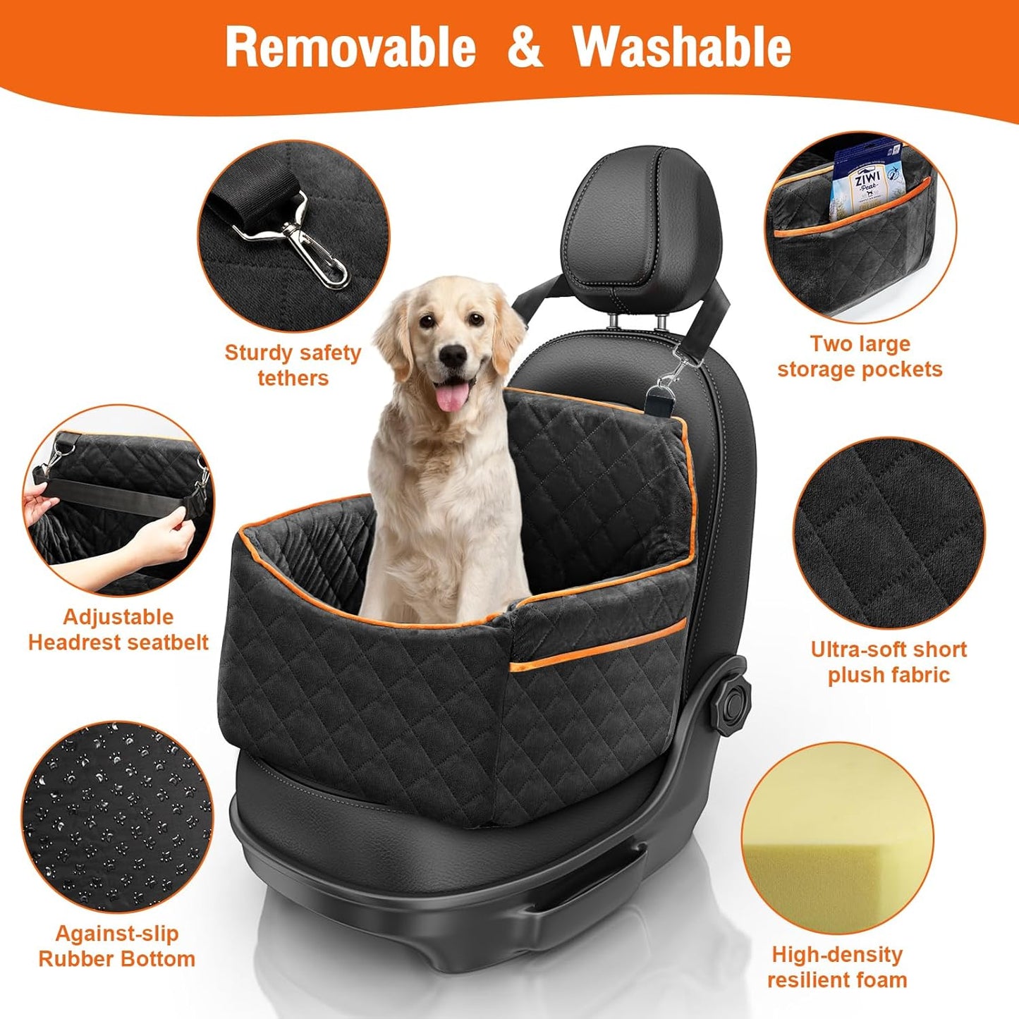 Dog Car Seat for Small Medium Dogs, Dog Carseats with Removable Thick Cushion, Detachable Washable Dog Booster Seat with Storage Pockets & Safety Belt, Soft Safety Pets Car Travel Carrier Bed, Black