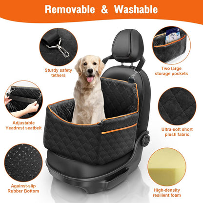 Dog Car Seat for Small Medium Dogs, Dog Carseats with Removable Thick Cushion, Detachable Washable Dog Booster Seat with Storage Pockets & Safety Belt, Soft Safety Pets Car Travel Carrier Bed, Black