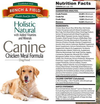 Bench & Field Holistic Natural Adult Dry Dog Food, Chicken Meal and Brown Rice Recipe 6.6 lb Bag (Pack of 1)