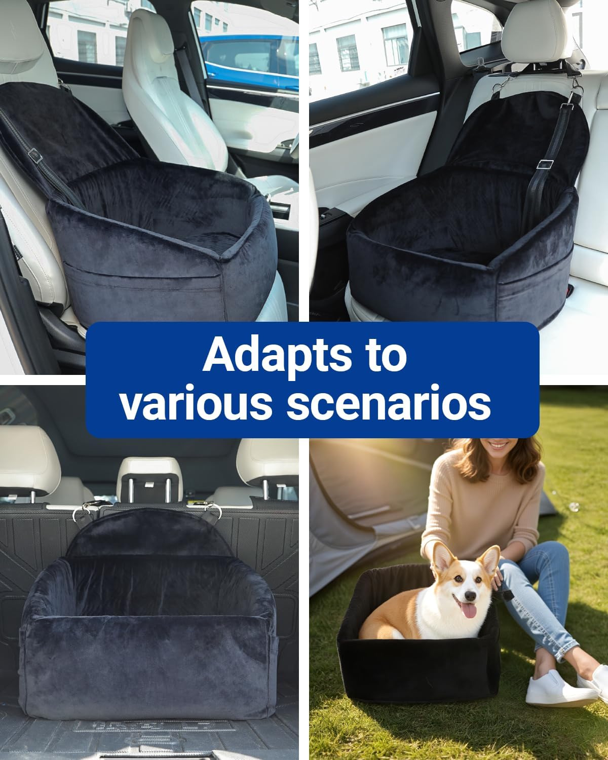 Dog Car Seat for Small Medium Dogs, Pet Booster Seat with Extendable Backrest, Pet Portable Car Seats up to 30 lbs, Washable Travel Bed with Storage Pockets and 2 Safety Leashes, Black