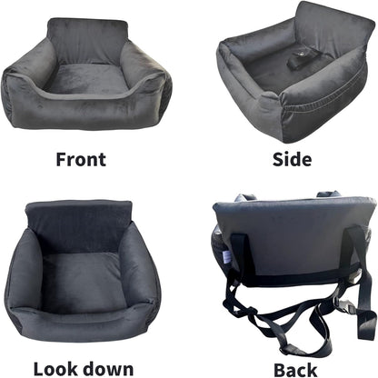 Coo&Dee Dog Car Seat Pet Travel Safety Pet Booster Seat Dog Bed for Car for Small Medium Dogs Under 32lbs with Storage Pockets Fully Detachable Machine Washable Easy Install (Grey Velvet)