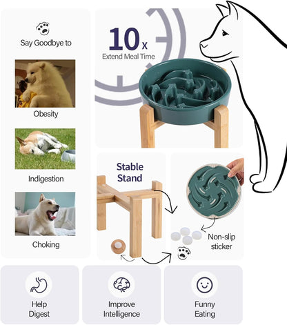 8.26 in Deep Green Dog Bowl Slow Feeder Ceramic for Medium and Large Breed,Elevated/Raised Slow Feeding Dog Food Water Dish Heavy Weighted,Puppy Dish for Fast Eaters,Puzzle Eating Bowl Meteor