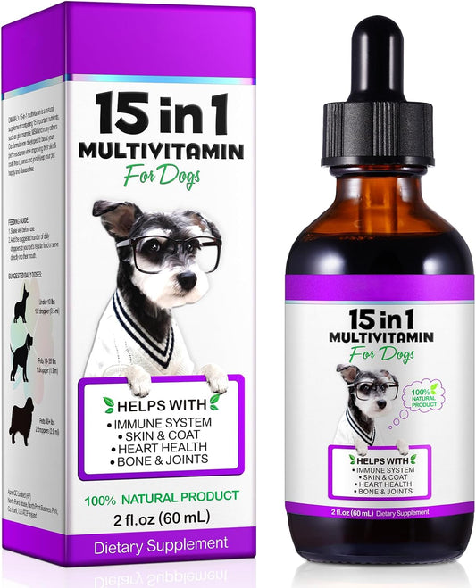 Dog Multivitamin, 15 in 1 Dog Multivitamin Liquid Drops Supplements for Skin & Coat, Heart Health, Bones and Joint, Dogs Vitamins with Glucosamine and MSM, Immune System Support -60ml