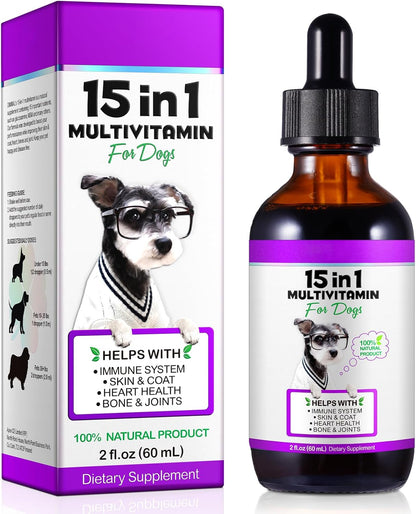 Dog Multivitamin, 15 in 1 Dog Multivitamin Liquid Drops Supplements for Skin & Coat, Heart Health, Bones and Joint, Dogs Vitamins with Glucosamine and MSM, Immune System Support -60ml