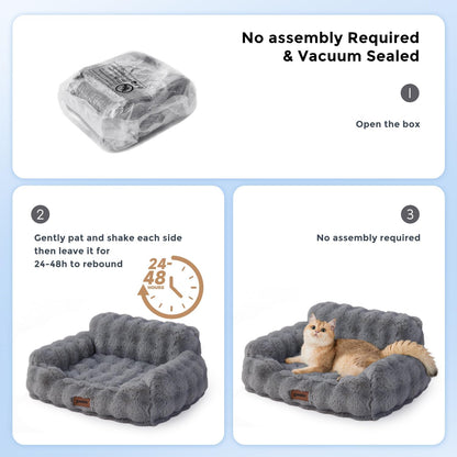 Cat Couch Bed for Indoor Cats - Orthopedic Cat Sofa with Supportive Egg Foam, Fluffy Cute Faux Fur Removable Washable Cover and Non-Slip Bottom, Grey