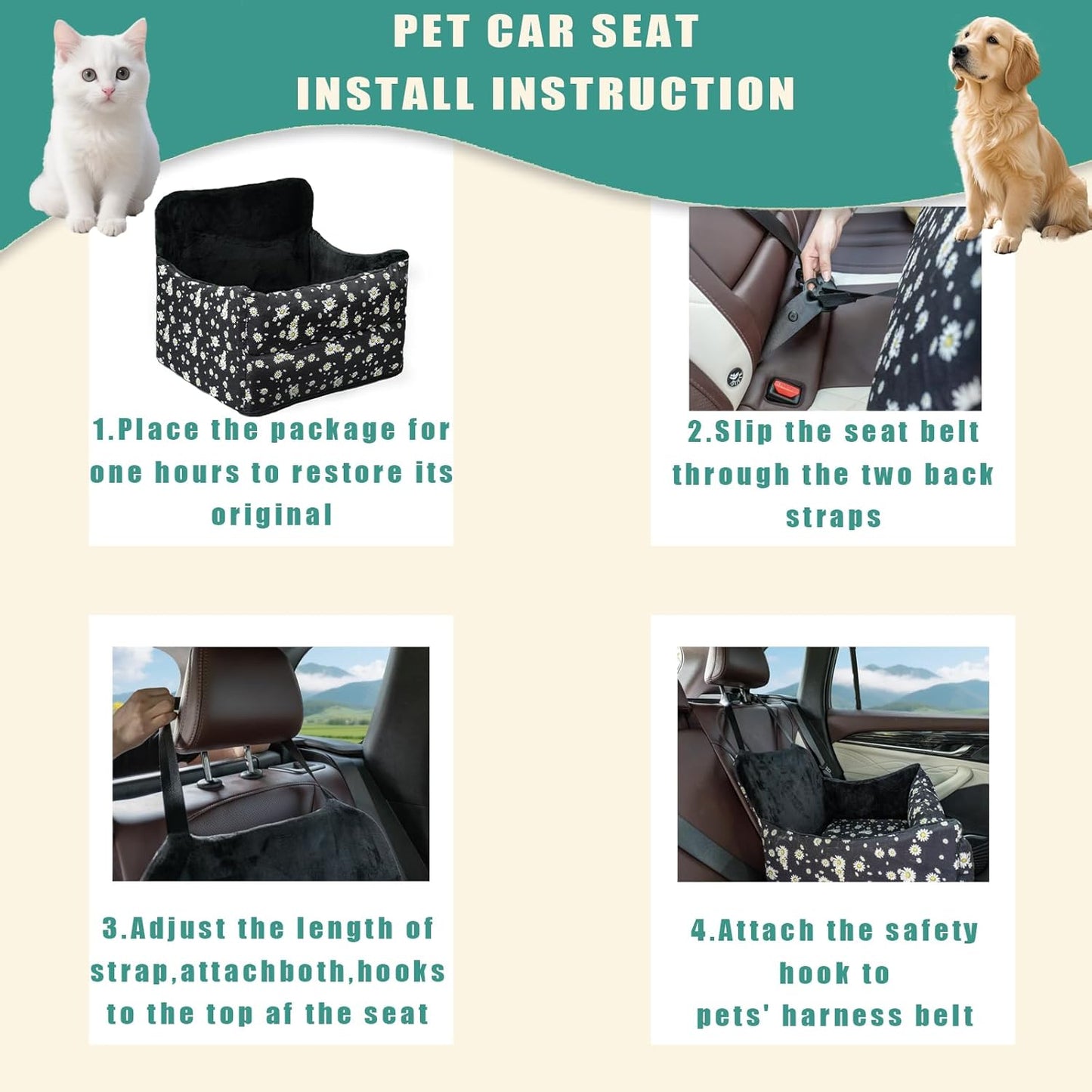 Cullaby Dog Booster Car Seat for Road Trips Elevated Seat for Small/Medium Dogs up to 25 lbs, Memory Foam Seat with Detachable Washable Cover, Safe Bed for Cars with Safety Belts and Storage Pockets