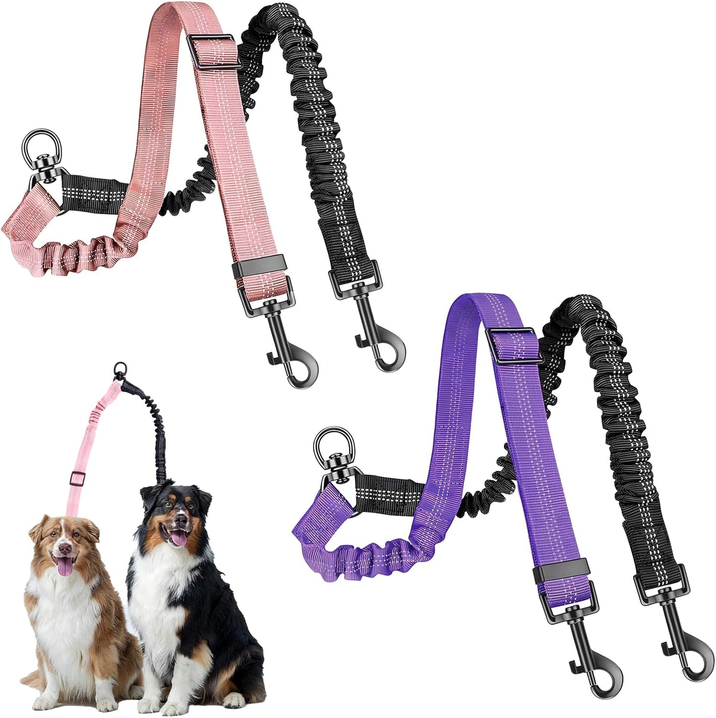 Double Dog Leash Coupler-360°Swivel,2 PCS No Tangle Walking Leash with Shock Absorbing Bungee for Outdoor Walk Train Small Medium Pet(Pink,Purple)