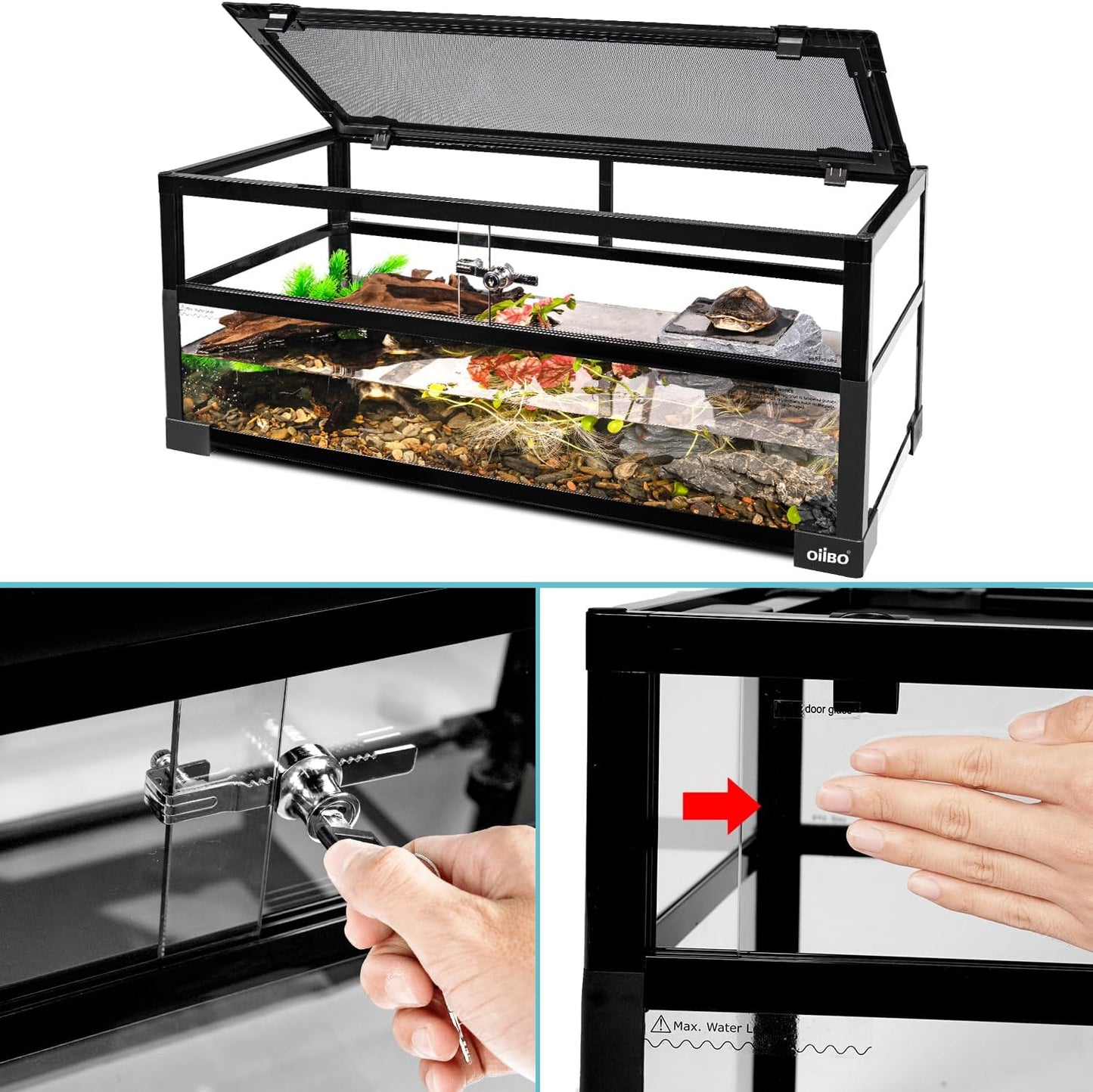 OIIBO 18 Gallon Turtle Tank, 30"×12"×12" Large Aquatic Turtle Tank Aquarium with Drainage System, Deep Leak-Proof Base Easy to Change Water Tortoise Habitat