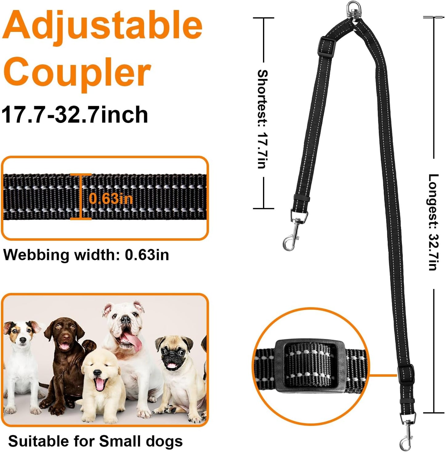 MingXpet Double Dog Leash for Two Dogs, No Pull Dog Leash, 360° Swivel No Tangle for Small Dogs Walking & Training, Shock Absorbing Reflective Bungee, Black