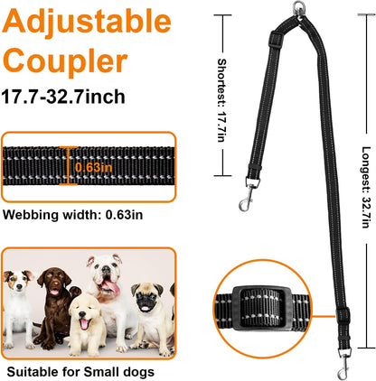 MingXpet Double Dog Leash for Two Dogs, No Pull Dog Leash, 360° Swivel No Tangle for Small Dogs Walking & Training, Shock Absorbing Reflective Bungee, Black