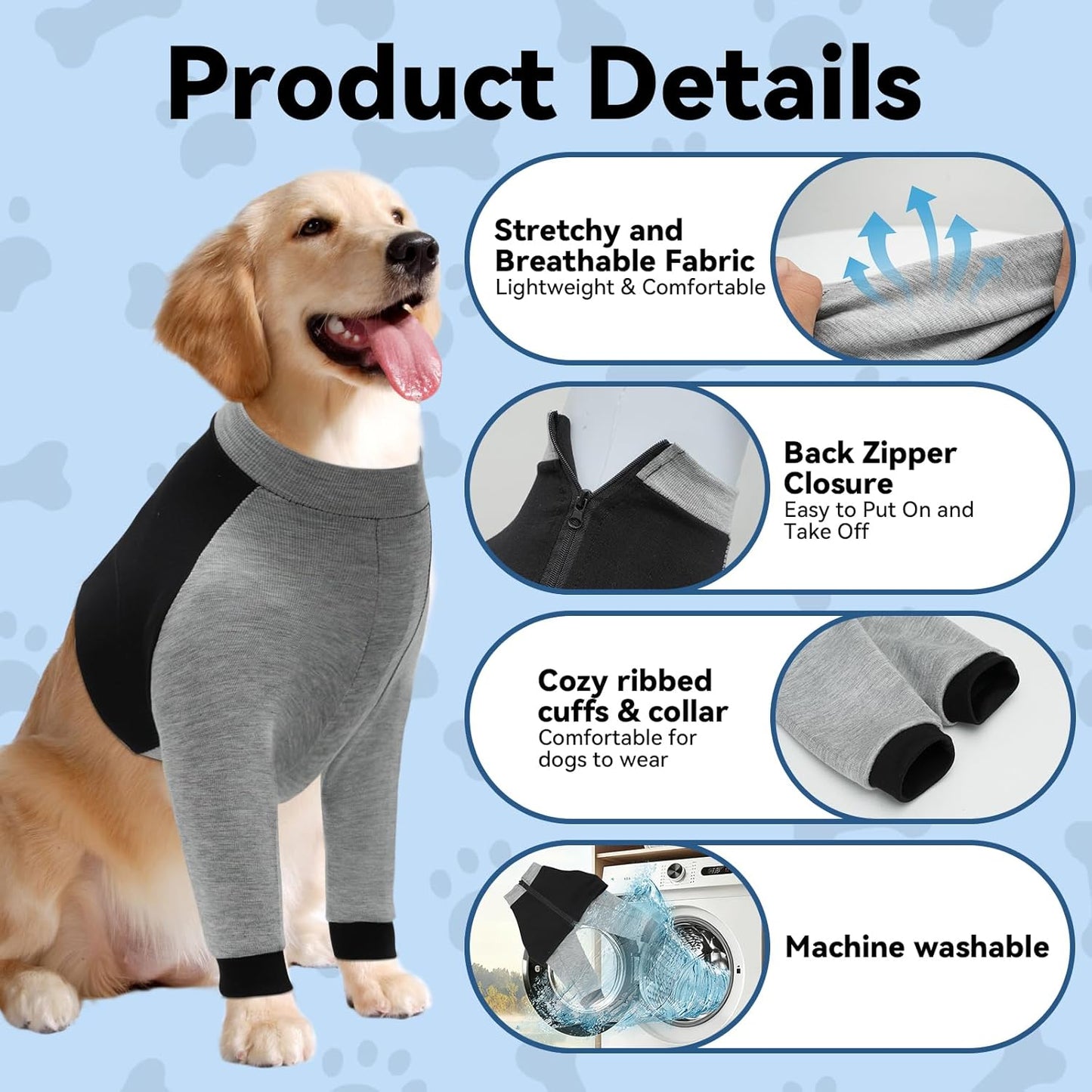 Dog Recovery Suit for Front Legs, Soft Adjustable Surgery Sleeve for Dogs, Leg & Elbow Protector to Stop Licking, Breathable Pet Wound Care Shirt, Comfortable E-Collar Cone Alternative (Large)