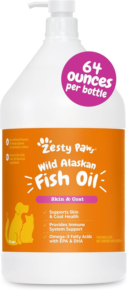 Zesty Paws Wild Alaskan Fish Oil for Dogs & Cats - Pollock & Salmon Oil Blend - Omega 3 Fatty Acids EPA & DHA for Pets - for Sensitive Skin + Coat Health - Immune System Support - 64 fl oz