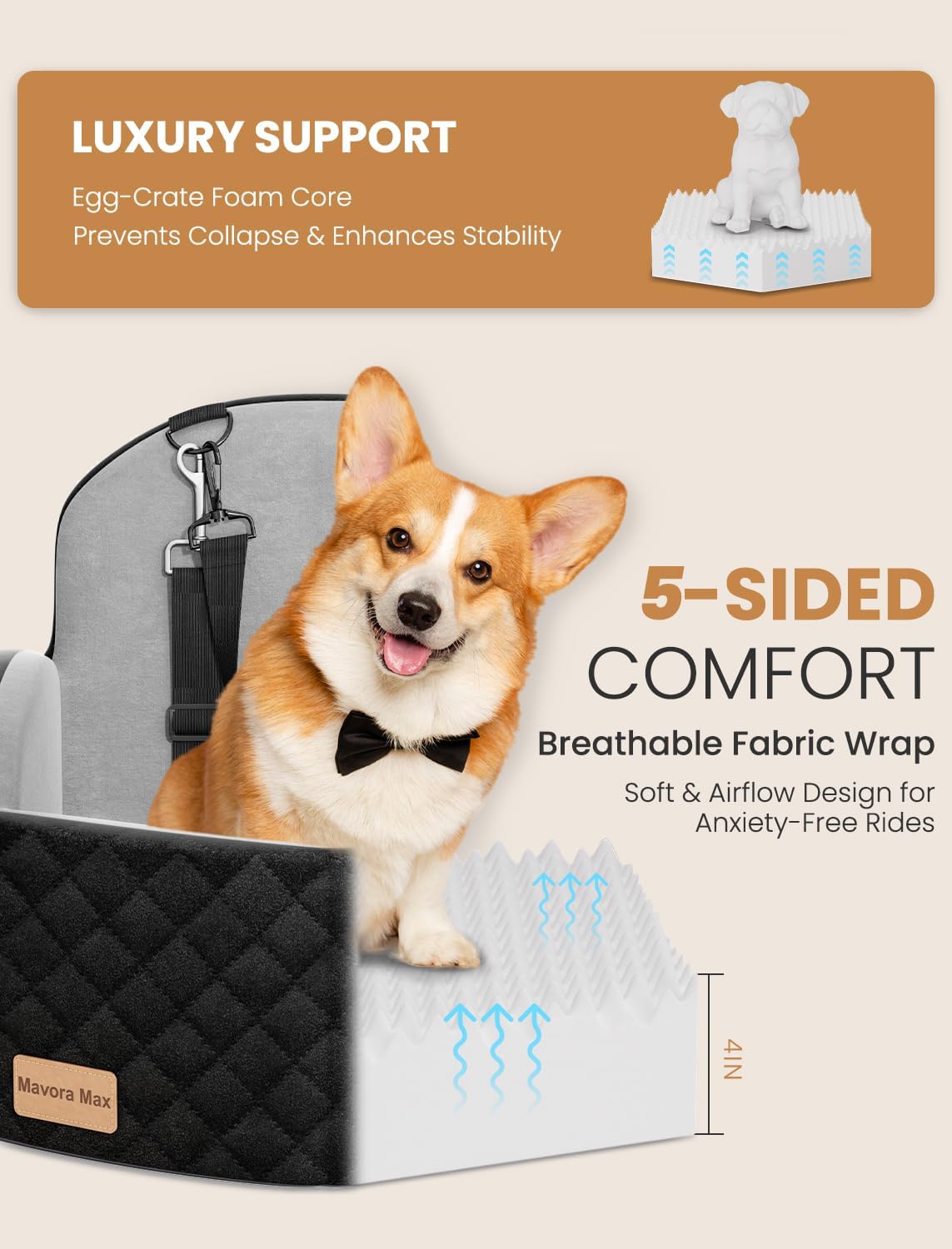 Dog Car Seat for Small/Medium Dogs, Elevated Dog Booster Seat Memory Foam Puppy Car Seat with Washable Cover, Travel Safety Pet Seat Bed for Car with Storage Pockets Up to 35 lbs (Black/Grey)