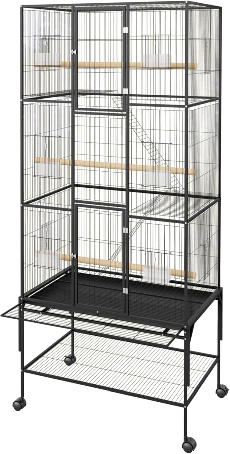 69-Inch Large Bird Cages with Storage Shelf, Feed Bowls – Rolling Parrot Cage for Macaws, Cockatiels, Conures, Parakeets, Budgies & Finches