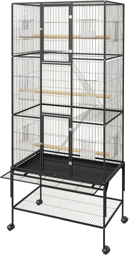 69-Inch Large Bird Cages with Storage Shelf, Feed Bowls – Rolling Parrot Cage for Macaws, Cockatiels, Conures, Parakeets, Budgies & Finches
