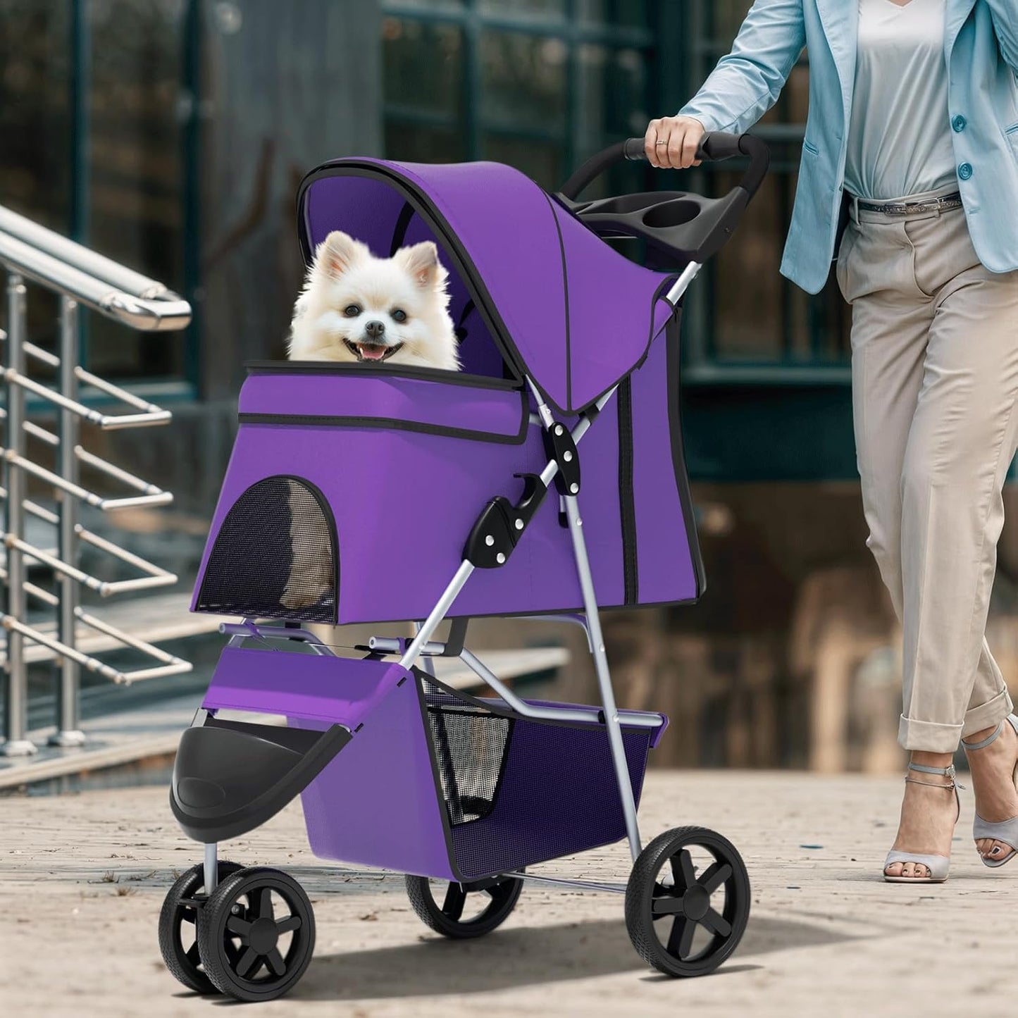 Magshion 3-Wheel Pet Stroller, Foldable Travel Jogger for Small & Medium Dogs & Cats (Up to 33lbs), Lightweight Carrier with Breathable Mesh Cover, Cup Holder & Storage Basket, Purple