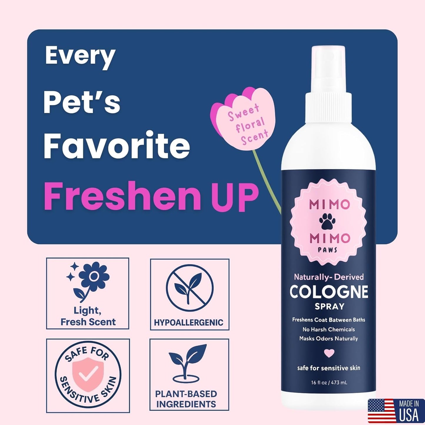 Naturally-Derived Dog Cologne Spray, Long-Lasting Deodorizing Odor Control, Freshens Coat Between Baths, No Parabens or Alcohol, Safe For Sensitive Skin, Made In USA, 16 fl oz