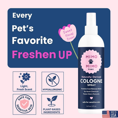 Naturally-Derived Dog Cologne Spray, Long-Lasting Deodorizing Odor Control, Freshens Coat Between Baths, No Parabens or Alcohol, Safe For Sensitive Skin, Made In USA, 16 fl oz