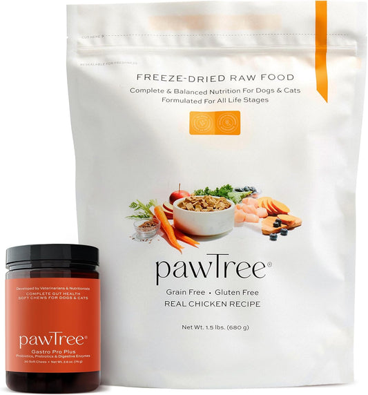 pawTree Bundle for Dogs & Cats – Freeze-Dried Raw Food (1.5 lbs, Chicken) & Gastro Pro Plus (30 ct)– Complete Nutrition & Digestive Support