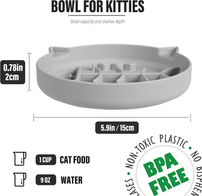 Silicone Cat Slow Feeder Bowl with Suction Cups - Interactive Puzzle Toy to Reduce Overeating in Kitty(Gray, 1 Cup)