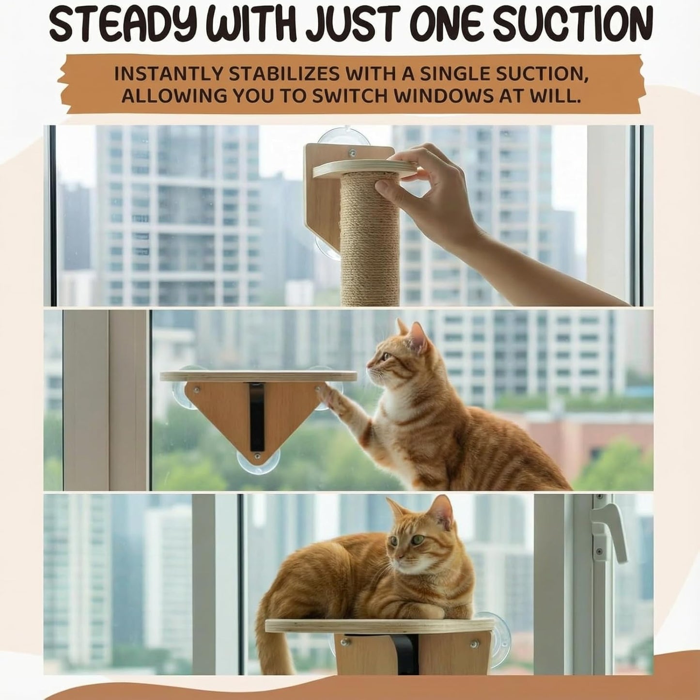 Novabright 3-in-1 20-inch Cat Window Perch Hammock with Climbing Step and Scratching Post, Raw Wooden Window Mounted Cat Bed, Supports 22lbs (Drilling-Free)